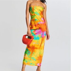 SER.O.YA Sz S Dress Cerith Strapless Silk Midi Abstract Palm vibrant Seroya New